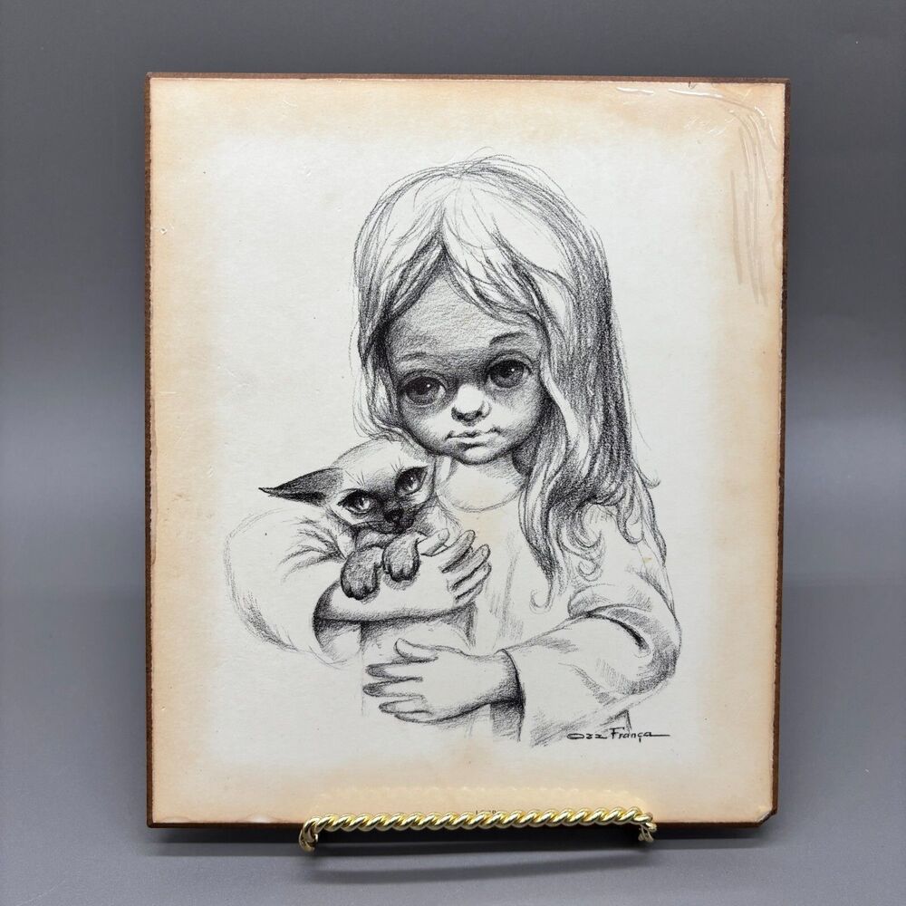 Ozz Franca Big Eyes Girl Cat Art Plaque Lorrie Vintage 1960s Mid Century Print
